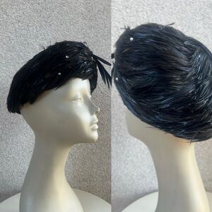 Vintage black feather hat helmet style rhinestones Sz 22.5” 7 1/4 Jack McConnell